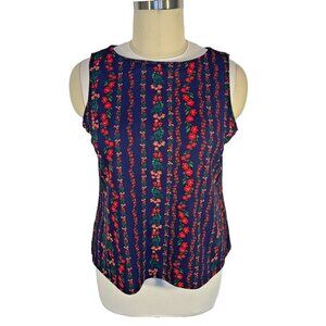 Isaac Mizrahi Tank Blouse Women's XL Boat Neck Dark Navy Red Vertical Floral